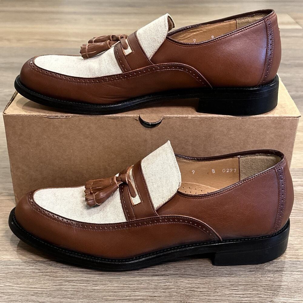 Leather Classic Loafers Tassel Apron Toe Brown Leather Beige Fabric Shoes Mens 9